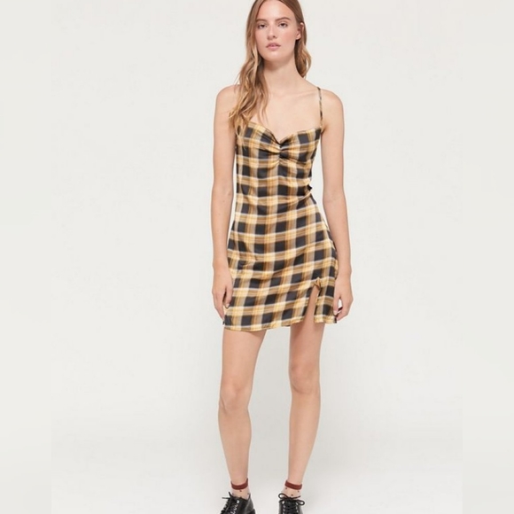 Urban Outfitters Lioness Sun City Plaid Sweetheart Neck Mini Dress Yellow Small - Picture 7 of 13
